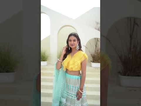 Sky & Yellow Graceful Organza Lehenga Set with Sequins & Foil Embroidery – Semi-Stitched Lehenga, Unstitched Blouse & Net Dupatta