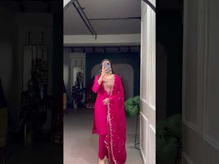 Pink Elegant Organza Embroidered Suit Set With Dupatta Sequins Thread Work Stitched Top And Bottom