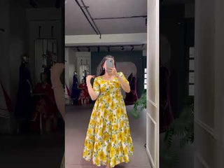 Mustard ichitra Silk Floral Print Frock with 5-Meter Flair
