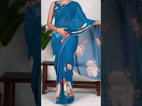 Off White Color Printed With Pearl Lace Border Georgette Saree