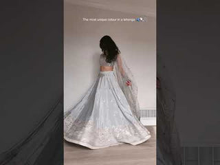 Light Gray Satin Silk Sequins Embroidered Lehenga Choli Set with 3.5-Meter Flair & Net Dupatta