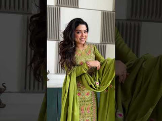 Lime Green Chinnon Silk Embroidered Top Pant Set