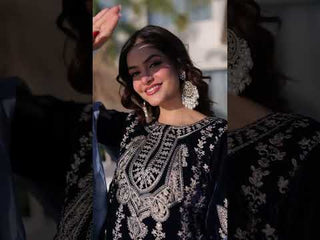 Navy Blue Velvet Zari Embroidered Top Pant Set with Sequins Dupatta