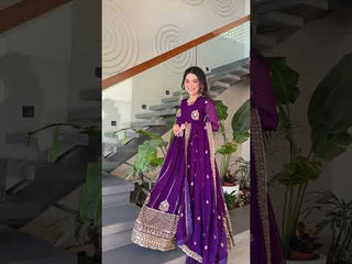 Purple Faux Blooming Luxury Designer Gown Set with Zari & Sequins Embroidery Dupatta Included