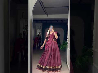 Gray Elegant Stitched Chettinad Cotton Lehenga with Checks & Zari Weaving – Traditional Festive Wear Set