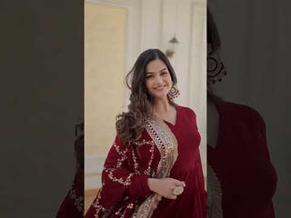 Maroon Luxurious Faux Blooming Embroidered Gown with Sequins & Designer Lace Dupatta