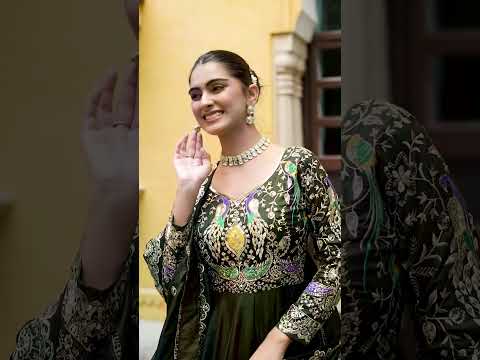 Mehendi Elegant Vichitra Fabric Gown with Multi-Thread & Zari Embroidery – 12 Kali Stitch, Full Sleeves