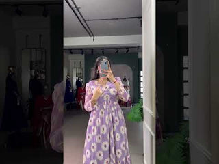 Weightless Marble Floral Print Frock with Foil Work – Fully Stitched