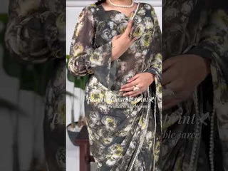 Navy Blue Floral Printed Weightless Marble Saree with Pearl Lace Border