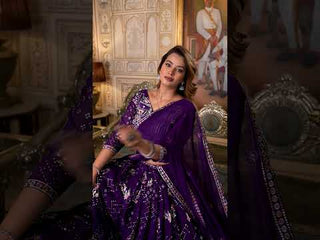 Purple Elegant Blooming Georgette Embroidered Semi-Stitched Lehenga Set