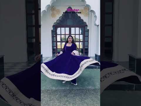 Blue Premium Viscos Velvet Embroidered Straight-Cut Anarkali Suit Set with Sanderi Silk Dupatta – Full-Sleeve Designer Ethnic Wear for Women
