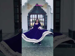 Blue Premium Viscos Velvet Embroidered Straight-Cut Anarkali Suit Set with Sanderi Silk Dupatta – Full-Sleeve Designer Ethnic Wear for Women
