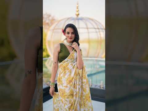 Sky Blue Floral Print Weightless Marble Saree with Pearl Lace Border & Moonga Silk Blouse