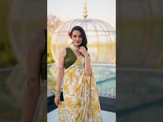 Sky Blue Floral Print Weightless Marble Saree with Pearl Lace Border & Moonga Silk Blouse
