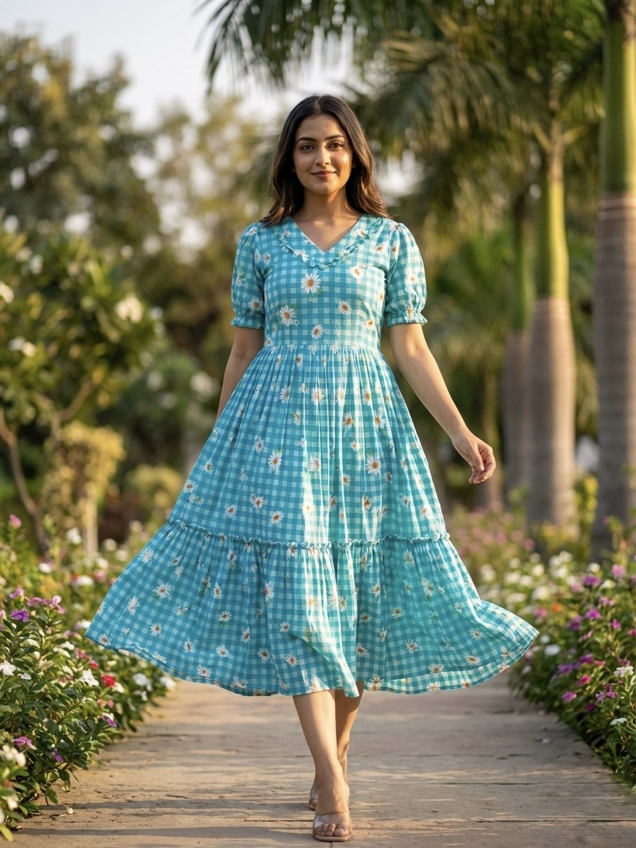 Print Anarkali Kurti with Puff Sleeves ClothsVilla