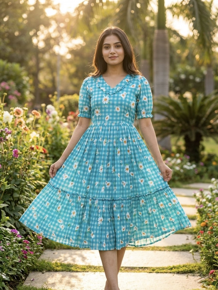 Print Anarkali Kurti with Puff Sleeves ClothsVilla