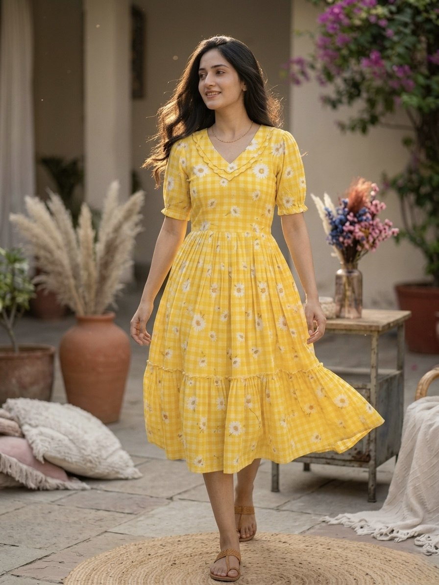 Print Anarkali Kurti with Puff Sleeves ClothsVilla