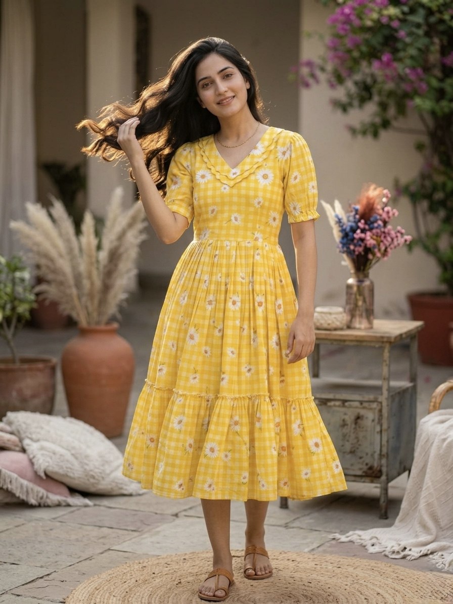 Print Anarkali Kurti with Puff Sleeves ClothsVilla