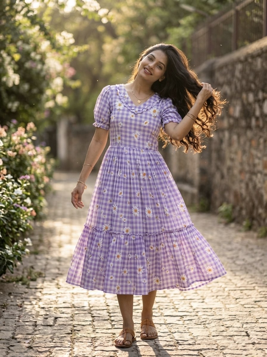 Print Anarkali Kurti with Puff Sleeves ClothsVilla