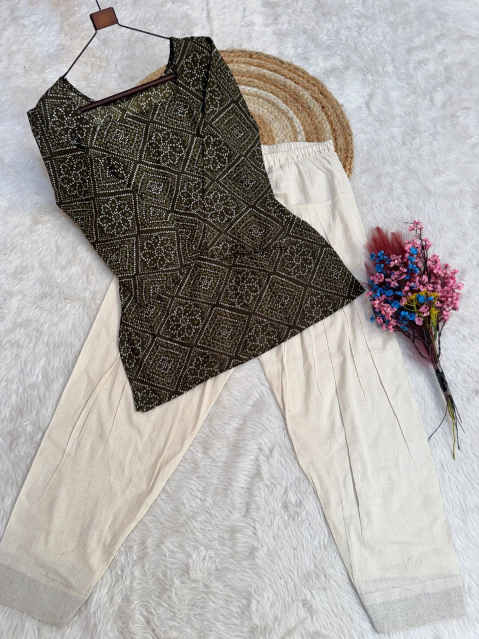 Print Kurti with Linen Cotton Farsi Pant Set ClothsVilla