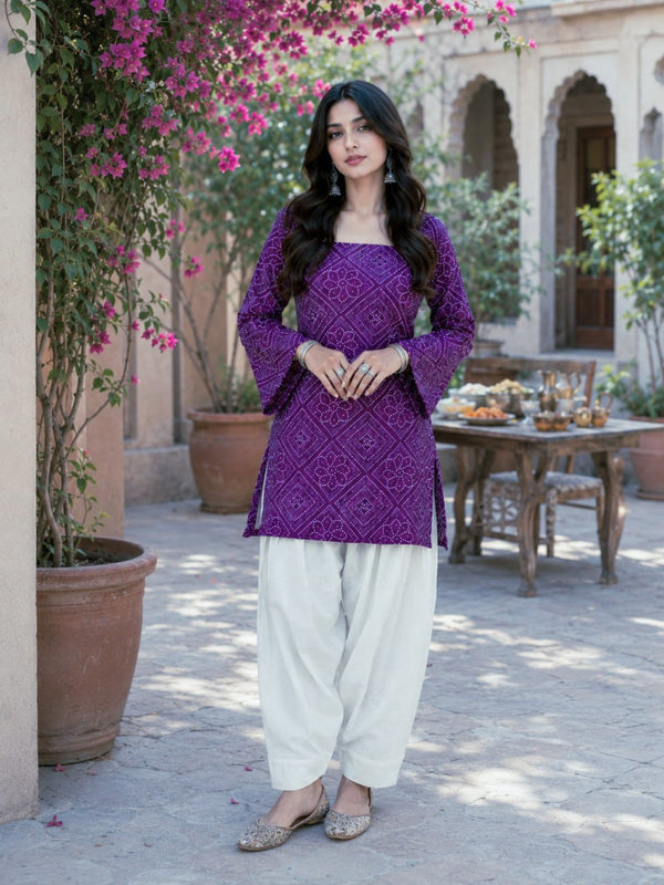 Print Kurti with Linen Cotton Farsi Pant Set ClothsVilla