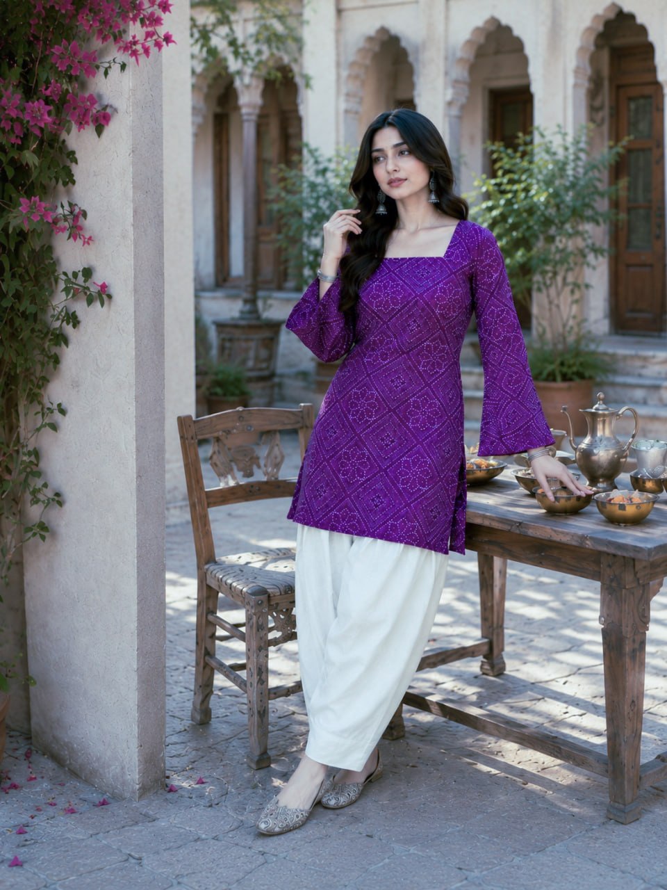 Print Kurti with Linen Cotton Farsi Pant Set ClothsVilla