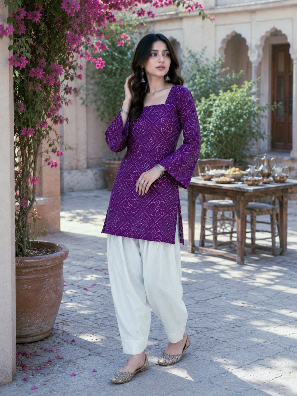 Print Kurti with Linen Cotton Farsi Pant Set ClothsVilla
