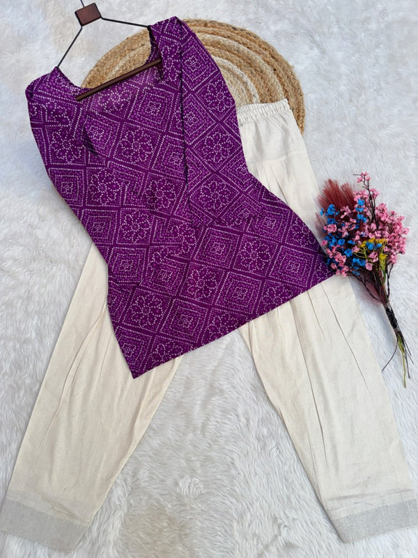 Print Kurti with Linen Cotton Farsi Pant Set ClothsVilla