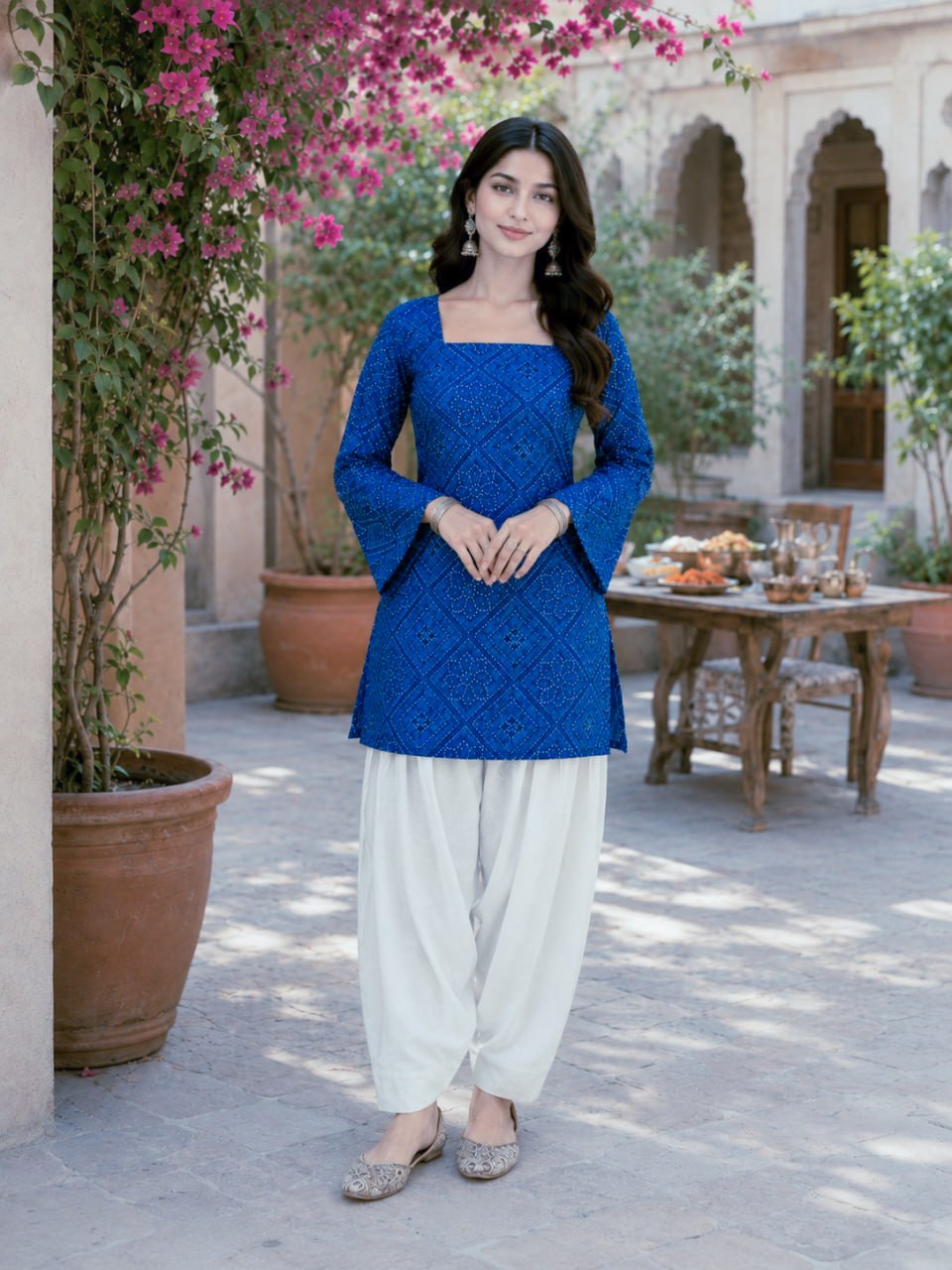 Print Kurti with Linen Cotton Farsi Pant Set ClothsVilla
