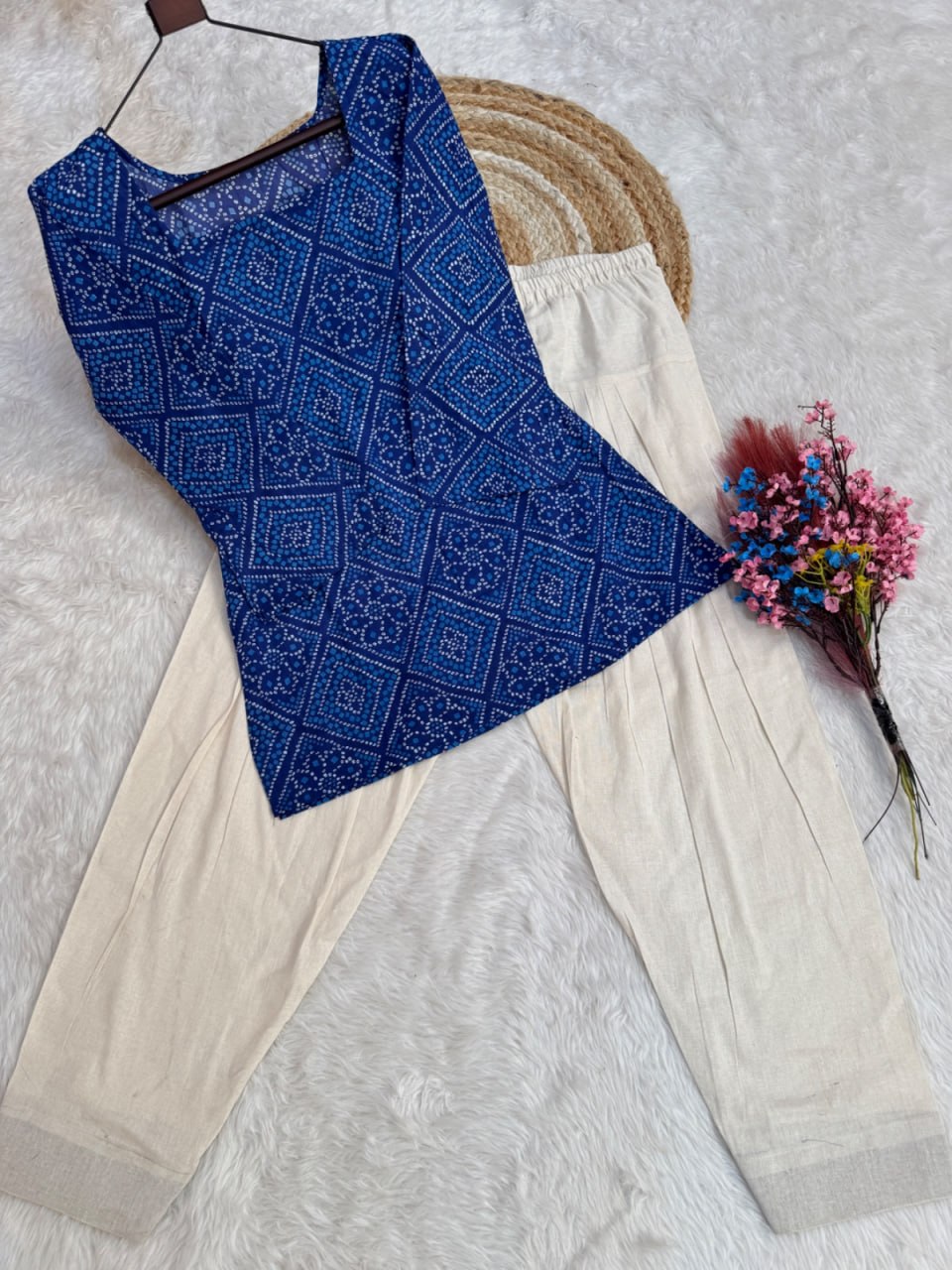Print Kurti with Linen Cotton Farsi Pant Set ClothsVilla