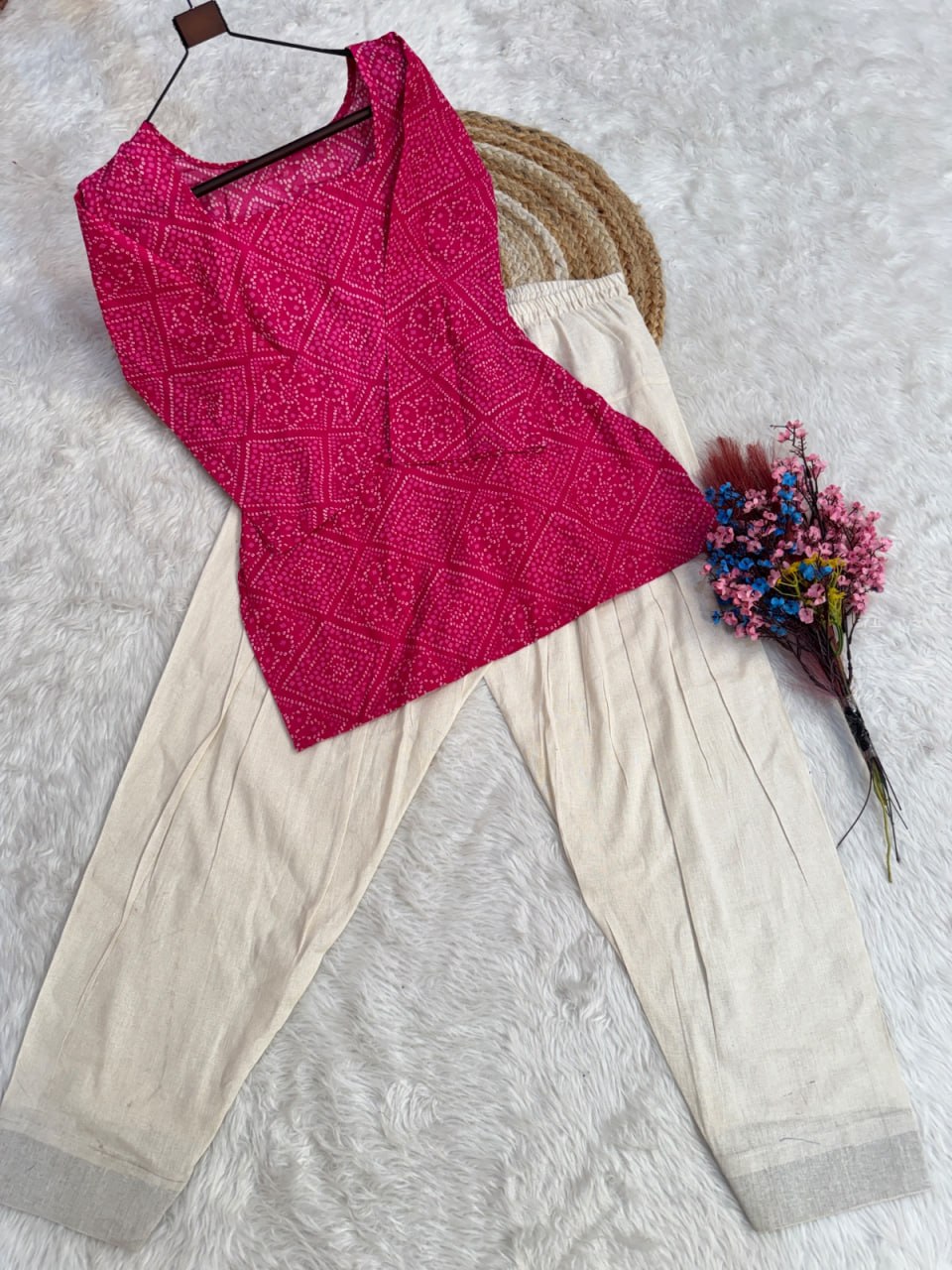 Print Kurti with Linen Cotton Farsi Pant Set ClothsVilla