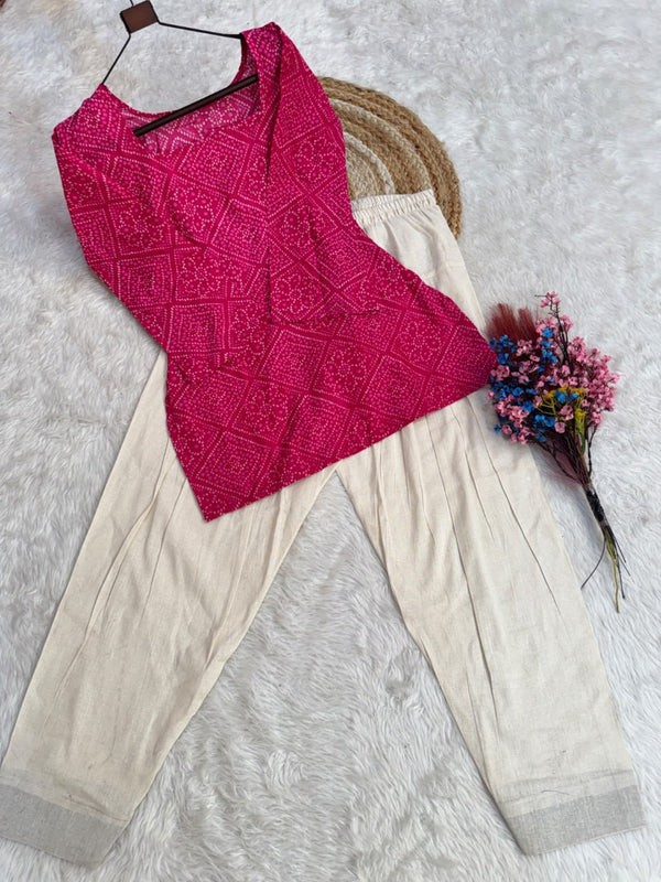Print Kurti with Linen Cotton Farsi Pant Set ClothsVilla