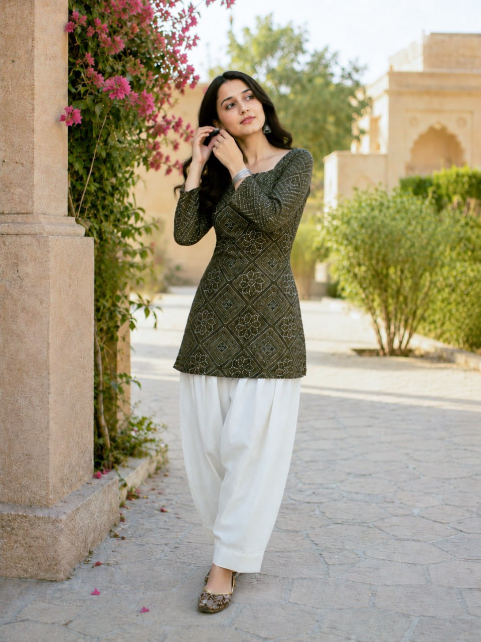 Print Kurti with Linen Cotton Farsi Pant Set ClothsVilla