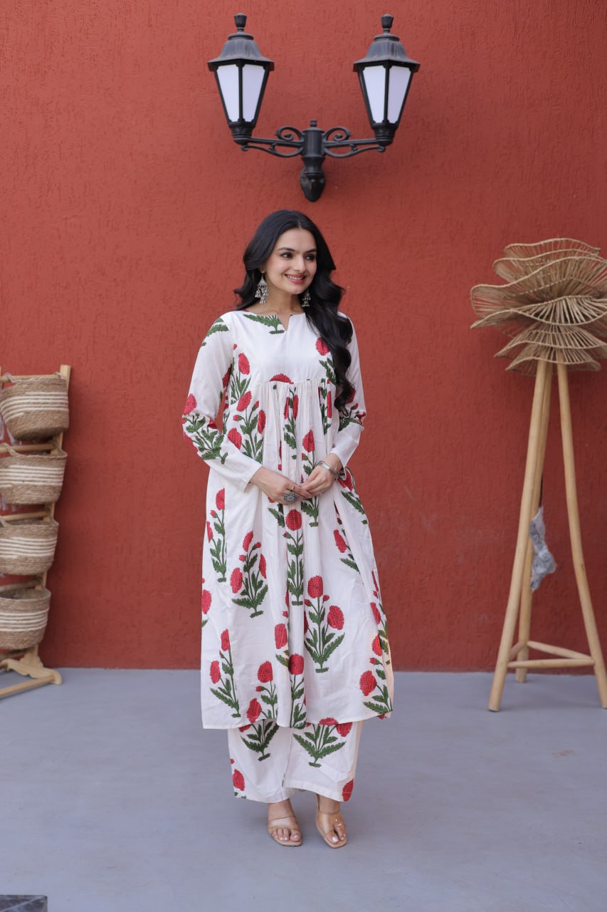 Printed Cotton Kurti Pant Set ClothsVilla