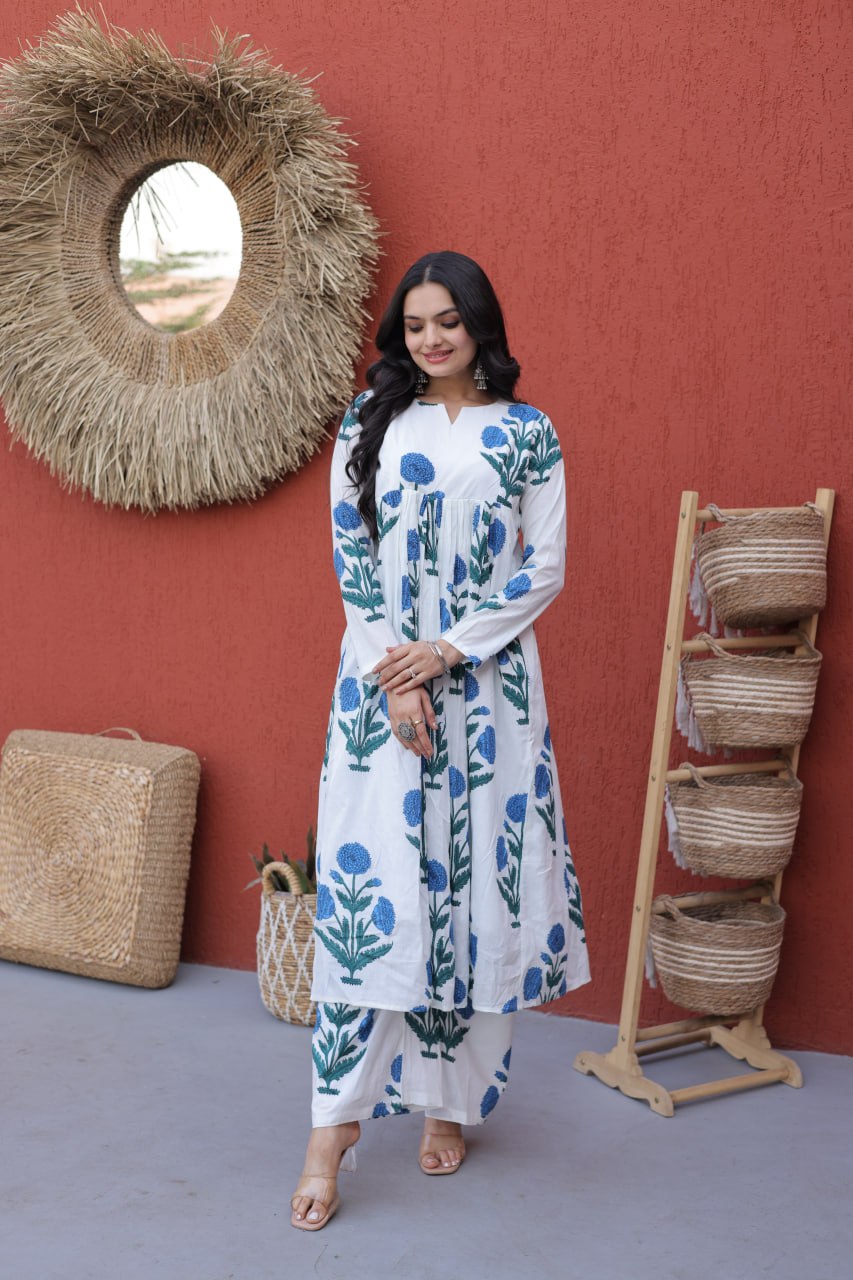 Printed Cotton Kurti Pant Set ClothsVilla