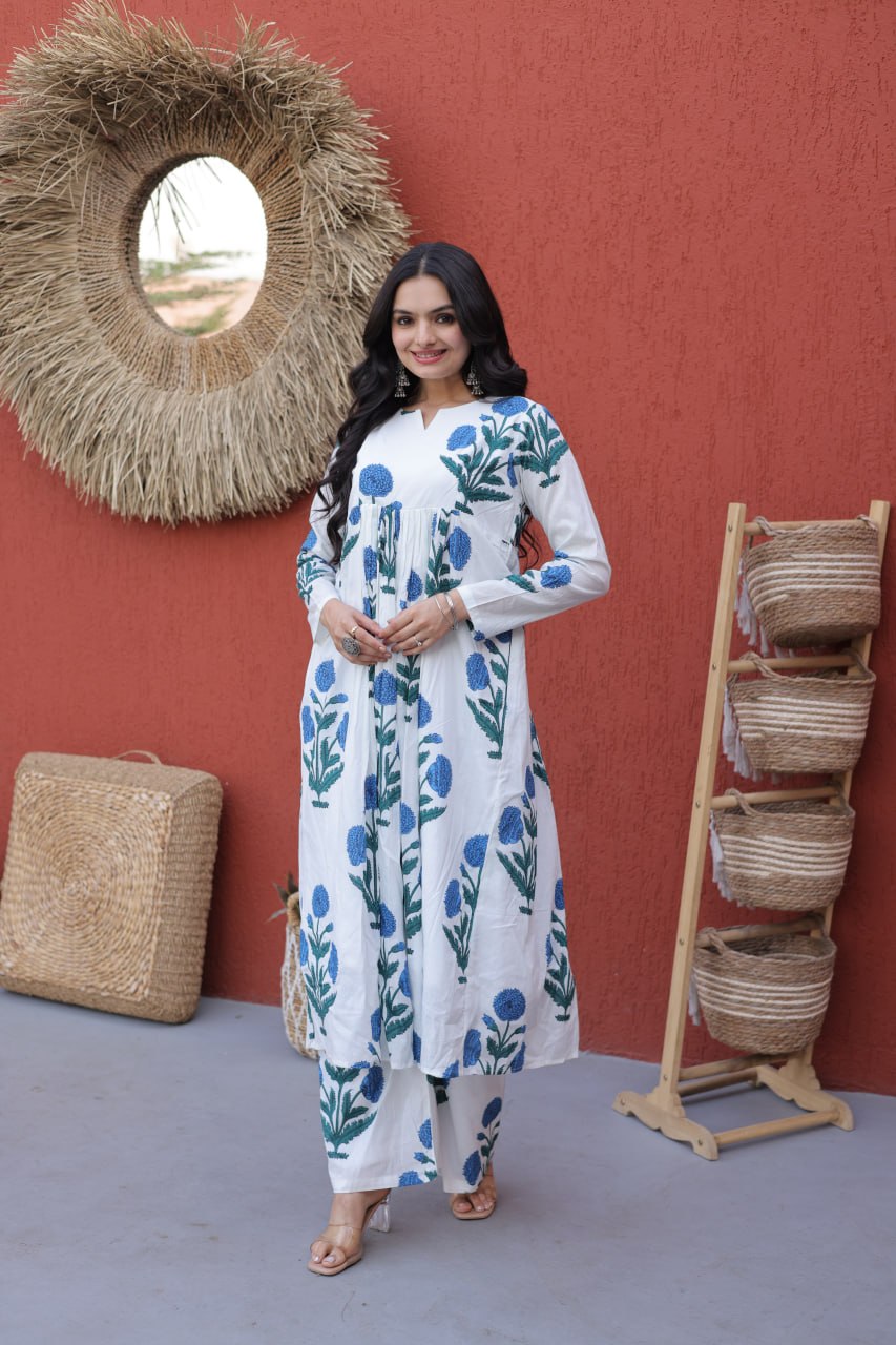 Printed Cotton Kurti Pant Set ClothsVilla