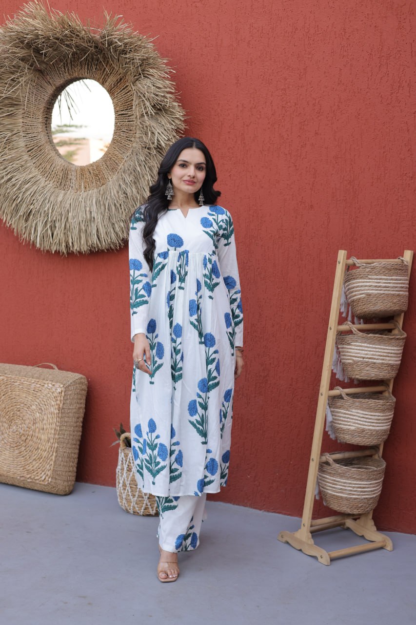 Printed Cotton Kurti Pant Set ClothsVilla