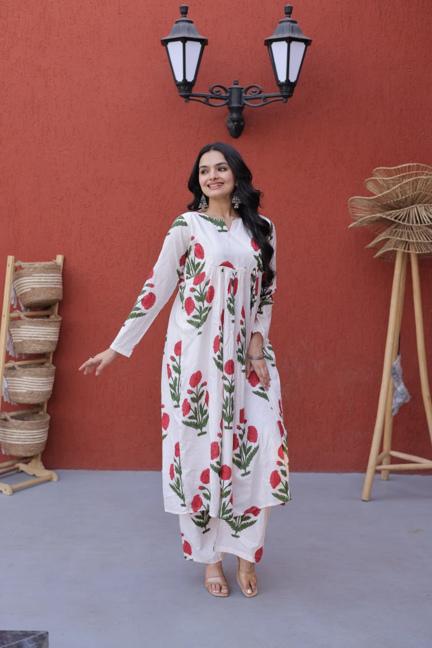 Printed Cotton Kurti Pant Set ClothsVilla