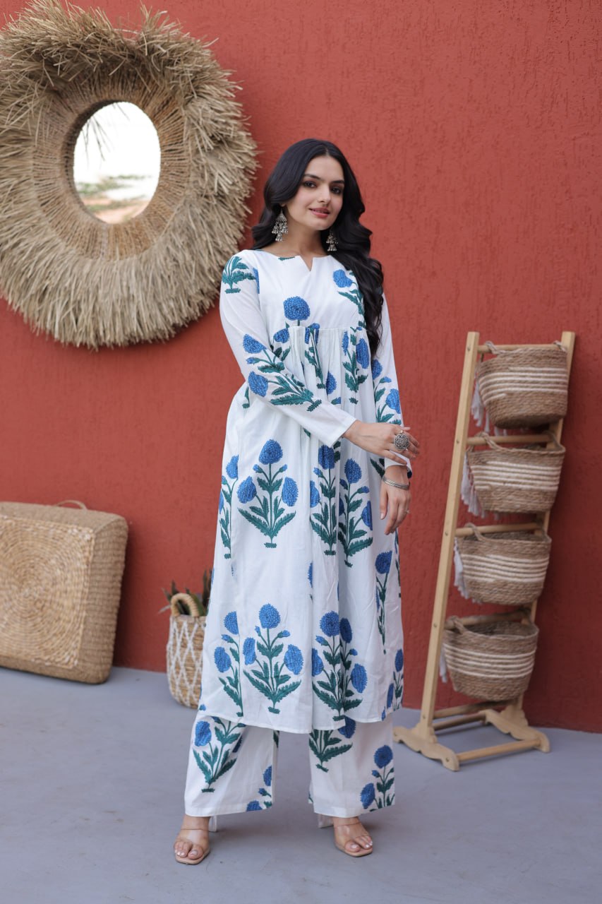 Printed Cotton Kurti Pant Set ClothsVilla