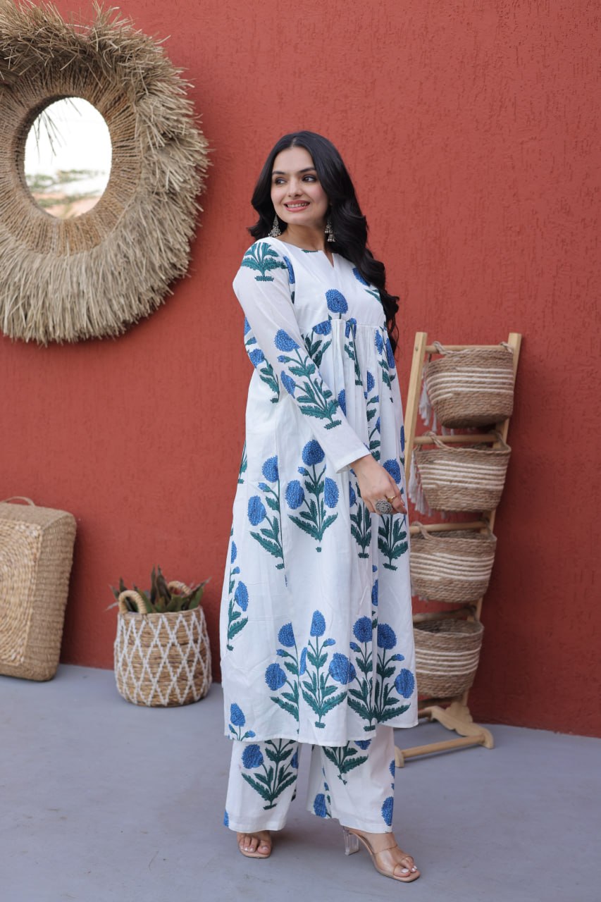 Printed Cotton Kurti Pant Set ClothsVilla