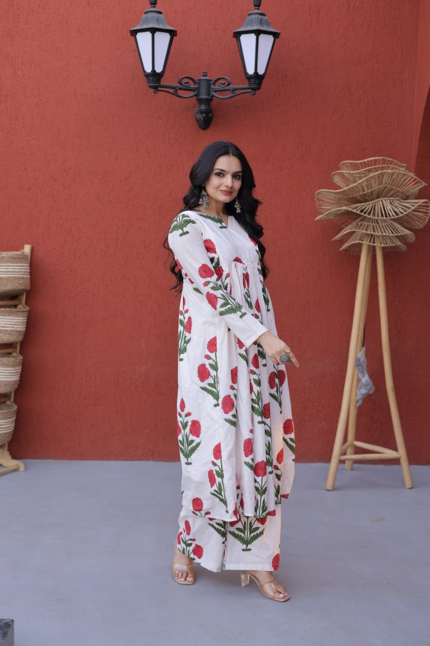 Printed Cotton Kurti Pant Set ClothsVilla
