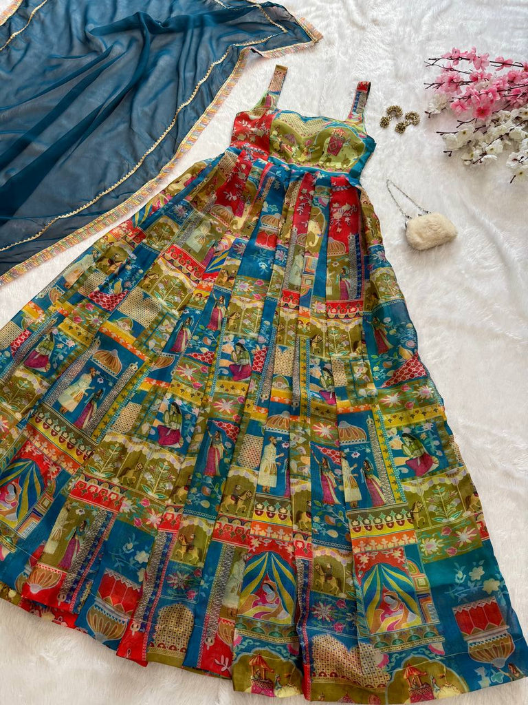 Printed Designer Jimmy Organza Silk Digital Anarkali Gown with Georgette Dupatta ClothsVilla