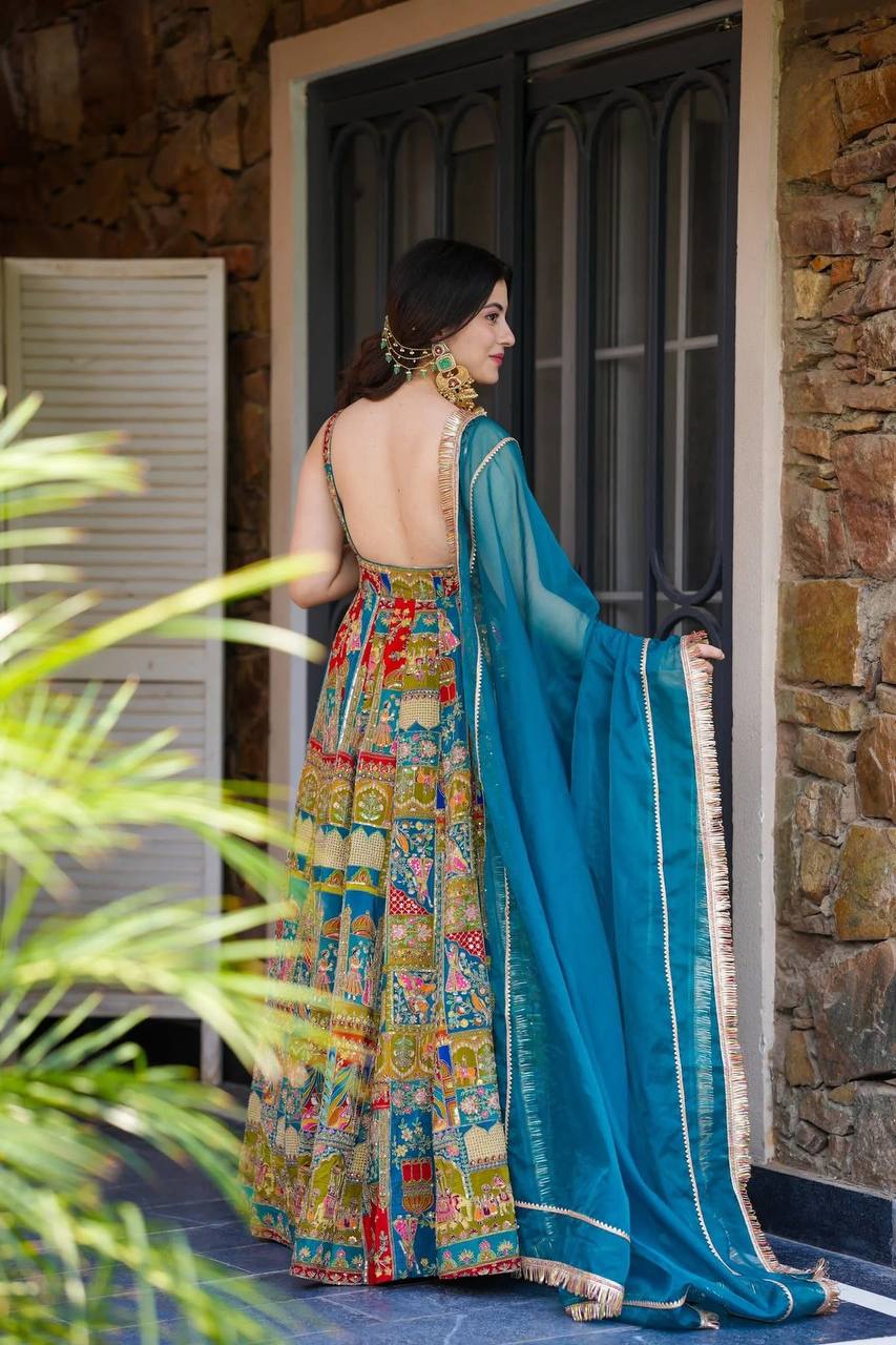 Printed Designer Jimmy Organza Silk Digital Anarkali Gown with Georgette Dupatta ClothsVilla