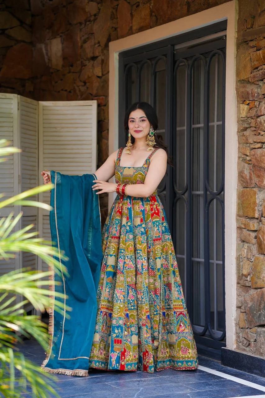 Printed Designer Jimmy Organza Silk Digital Anarkali Gown with Georgette Dupatta ClothsVilla