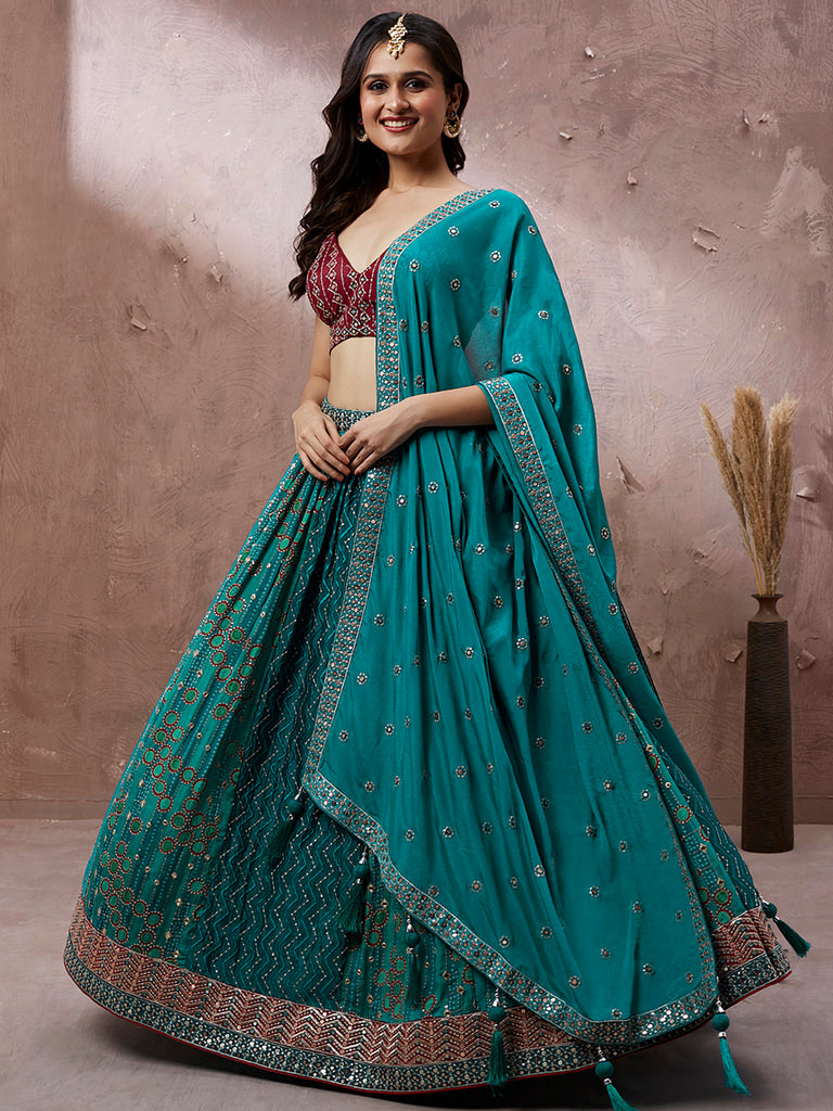 Printed embroidery Teal Georgette Sequin Semi-Stitched Lehenga choli Clothsvilla