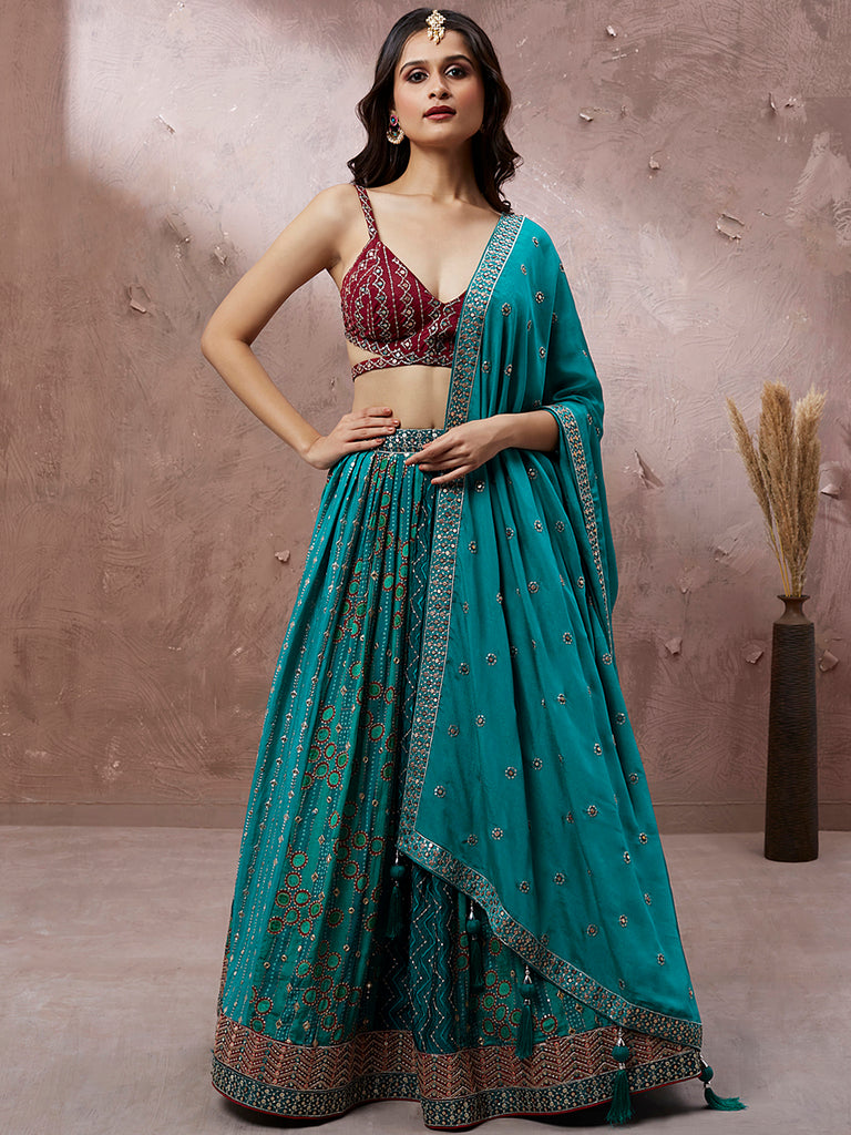 Printed embroidery Teal Georgette Sequin Semi-Stitched Lehenga choli Clothsvilla