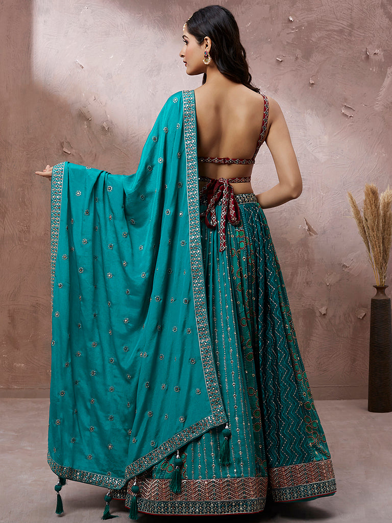 Printed embroidery Teal Georgette Sequin Semi-Stitched Lehenga choli Clothsvilla