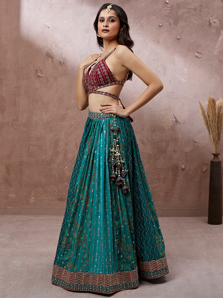 Printed embroidery Teal Georgette Sequin Semi-Stitched Lehenga choli Clothsvilla