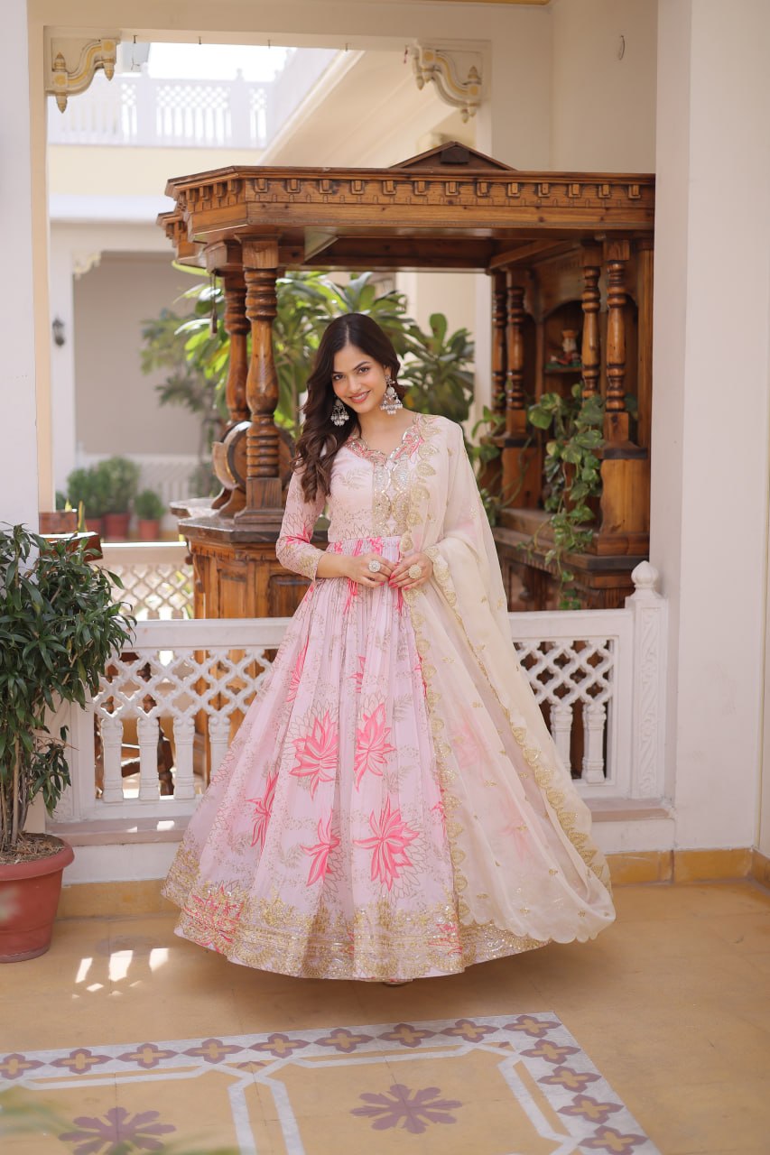 Printed Russian Silk Anarkali Gown ClothsVilla