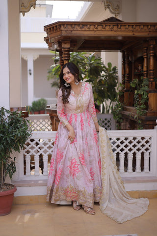 Printed Russian Silk Anarkali Gown ClothsVilla